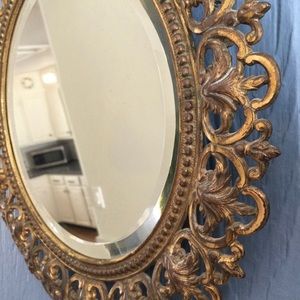 Antique 13” Gilt Gold Copper Mirror Wall Hanging Beveled Glass Ornate Round